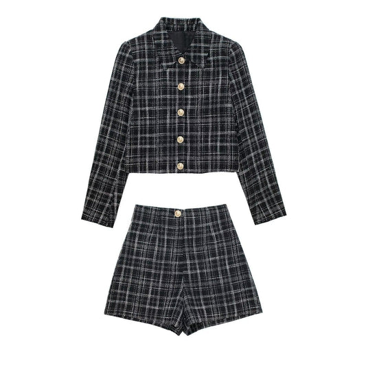 Women's Plaid Texture Short Blazer Shorts for a Casual and Chic Look - ForVanity pant suit, women's clothing, women's suits Pant Suits