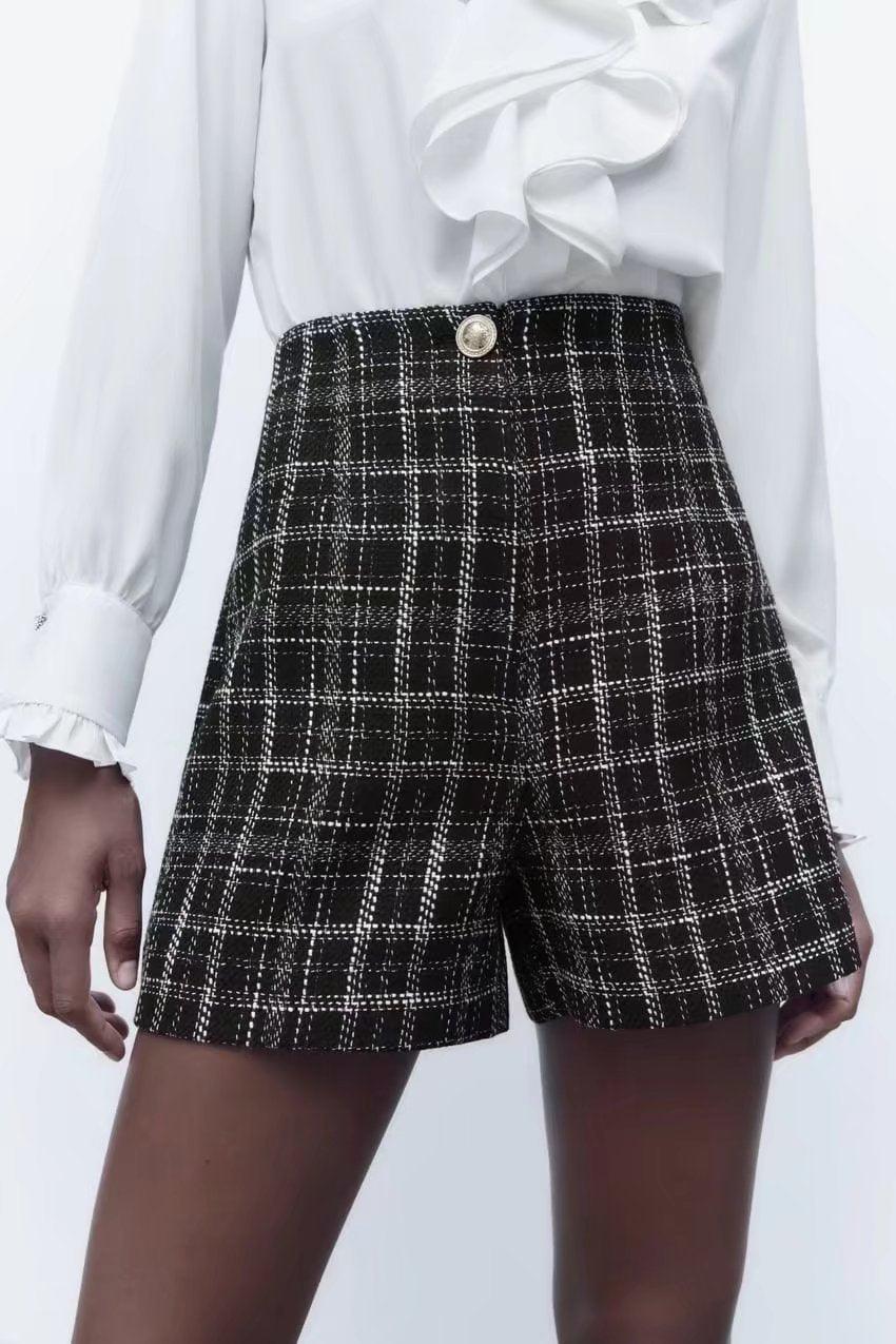 Women's Plaid Texture Short Blazer Shorts for a Casual and Chic Look - ForVanity pant suit, women's clothing, women's suits Pant Suits