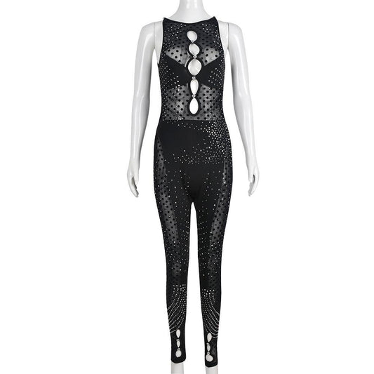 Sleeveless Mesh Rhinestone Hollow Out Jumpsuit - Perfect for a Sexy Look - ForVanity jumpsuits, Jumpsuits & Rompers, women's clothing Jumpsuits