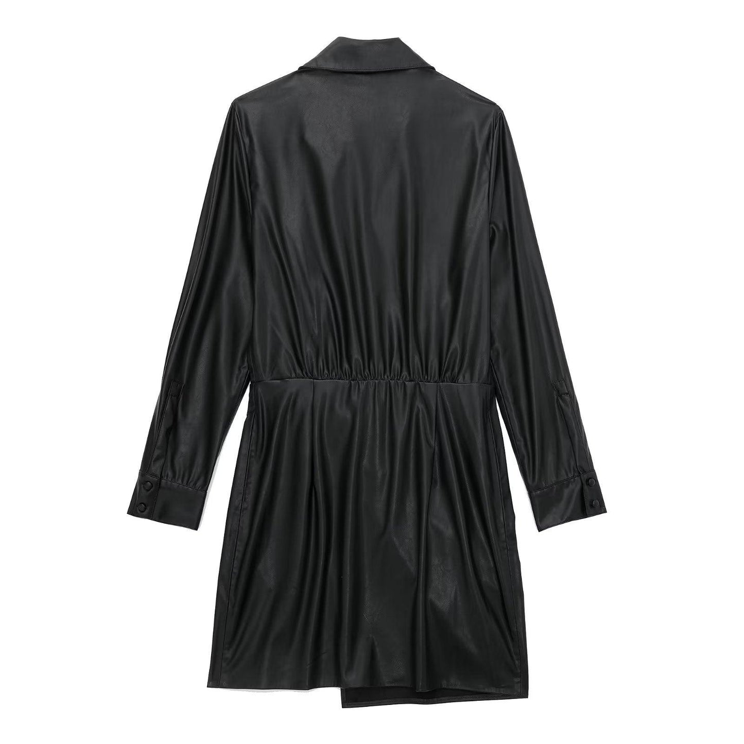 Faux Leather Pleated Shirt Dress: Casual Elegance for Everyday Style - ForVanity dress, leather, Leather Dress Leather Dress