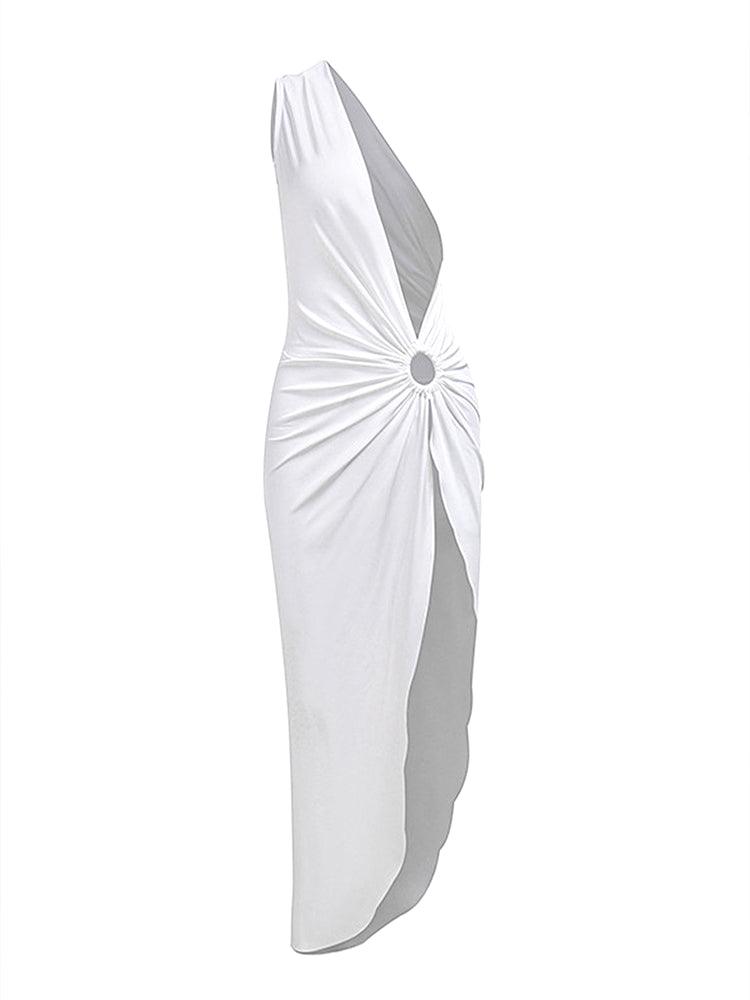 Elegant White One Shoulder Long Dress with Side Slit - Perfect for Summer Parties - ForVanity Beachwear, dress, party, Summer, Vacation Dress Vacation Dress