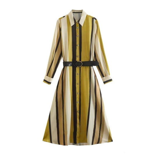 Elegant and Versatile: Striped With Belt Shirt Dress - ForVanity dress, Office Dress Office Dress