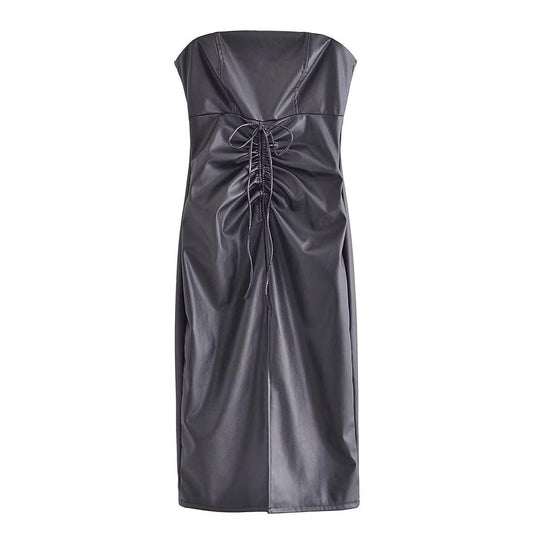 High Split Strapless Ruffle Dress: Summer Elegance with a Sexy Twist - ForVanity dress, leather, Leather Dress Leather Dress