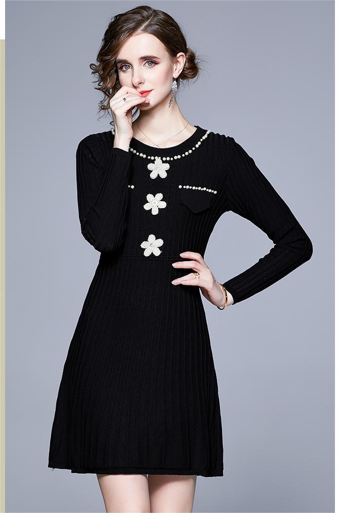 Women's Elegant Floral Knitted A-Line Dress - ForVanity Sweater Dress, women's clothing, women's knitwear Knitted Dresses