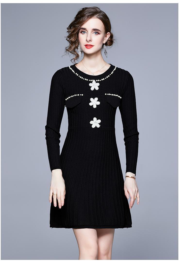 Women's Elegant Floral Knitted A-Line Dress - ForVanity Sweater Dress, women's clothing, women's knitwear Knitted Dresses