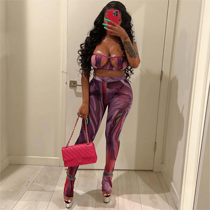 Sexy Mesh Camisole Vest Printed Trousers Set for a See-Through Summer Look - ForVanity pant outfit, women's outfits Pants Outfits