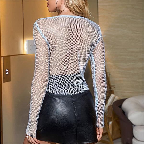 Sexy Fishnet Nightclub Top with Rhinestone Embellishments - ForVanity tops & tees, women's clothing Shirts & Tops
