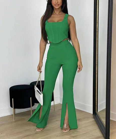 Elegant Sleeveless Vest Split Trousers Summer Casual Outfit with Boning Detail - ForVanity pant outfit, women's outfits Pants Outfits
