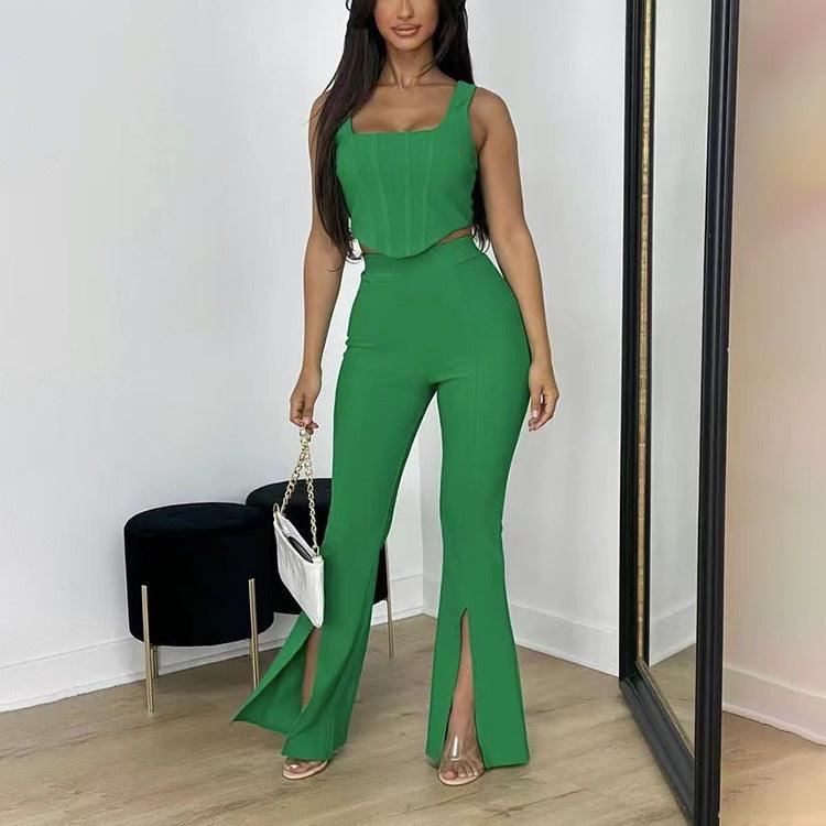 Elegant Sleeveless Vest Split Trousers Summer Casual Outfit with Boning Detail - ForVanity pant outfit, women's outfits Pants Outfits