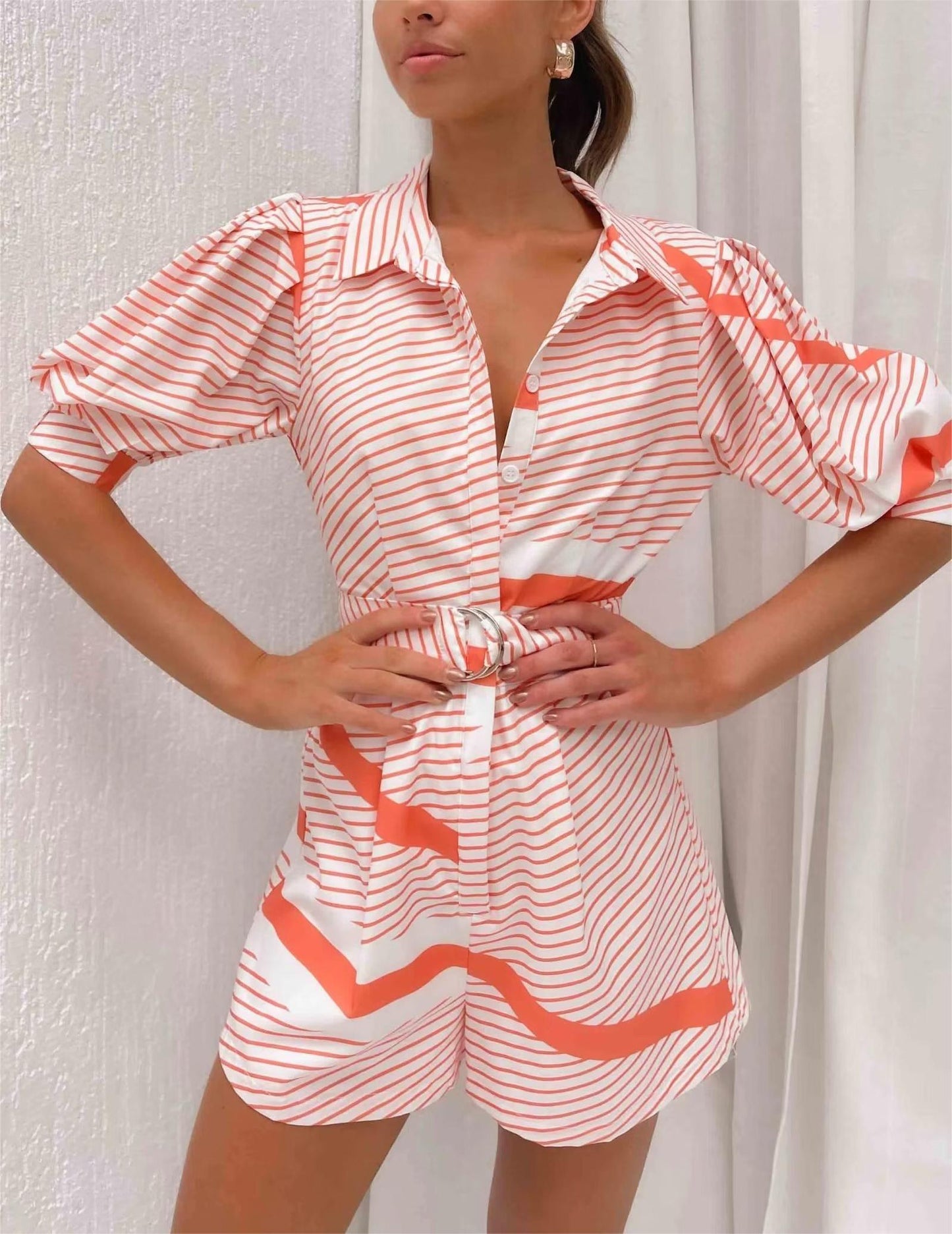 Belted Irregular Stripe Printed Romper for Women - ForVanity jumpsuits, Jumpsuits & Rompers, Rompers, women's clothing Rompers