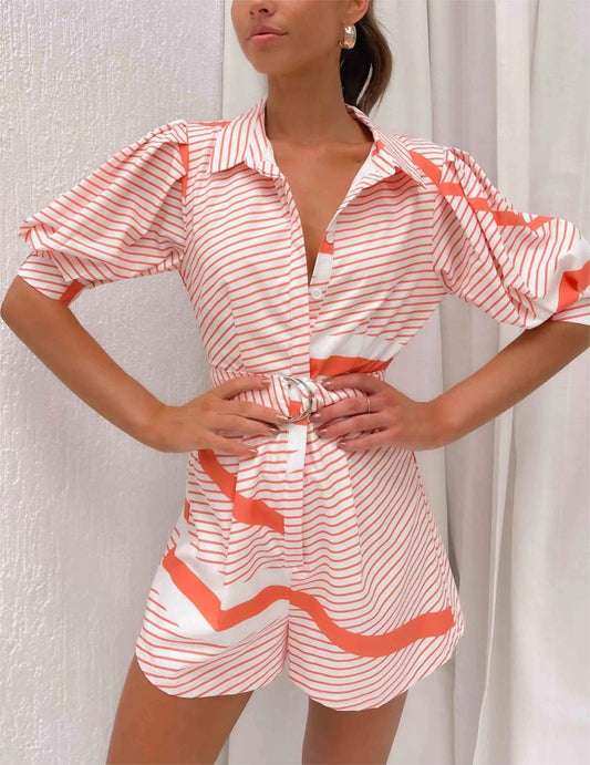 Women's Belted Stripe Print Romper with Puff Sleeves - ForVanity jumpsuits, Jumpsuits & Rompers, Rompers, women's clothing Rompers