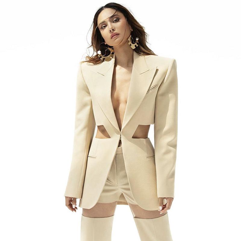 Sexy Cutout Blazer and Mesh Stitching Trousers Suit for Women - ForVanity pant suit, women's clothing, women's suits Pant Suits