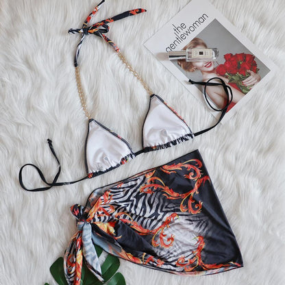 Luxury Rhinestone Tied Three-Piece Set Swimsuit with Graphic Pattern - ForVanity women's lingerie, women's swimwear Swimwear