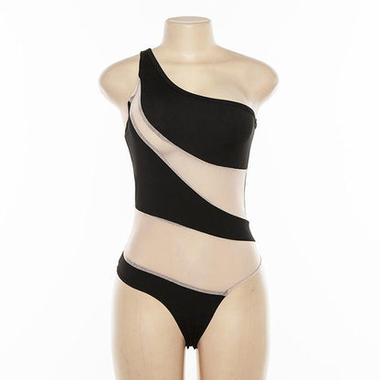 Sexy One Shoulder Backless Gauzy Bodysuit - See-Through Swimwear - ForVanity women's lingerie, women's swimwear Swimwear