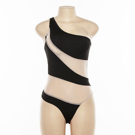 Sexy One Shoulder Backless Gauzy Bodysuit - See-Through Swimwear - ForVanity women's lingerie, women's swimwear Swimwear