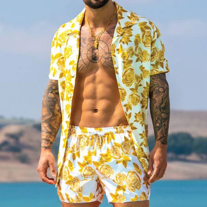 Men's Streetwear Short Sleeve Beach Shirt & Shorts Set - Casual Summer Outfits