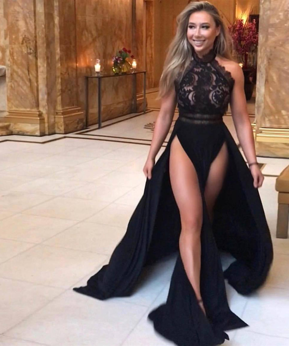 Elegant See Through Lace Nude Back High Slit Maxi Dress - ForVanity dress, formal dress Formal Dress