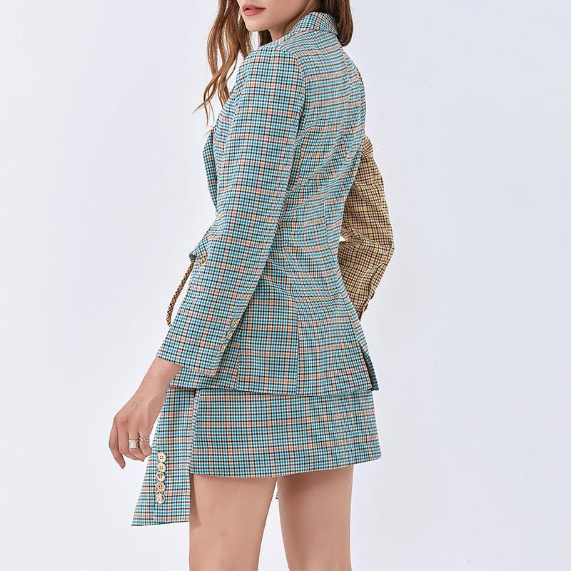 Elegant Color Block Check Skirt Suit with Tie Detail for Women - ForVanity skirt suit, women's clothing, women's suits Skirt Suits