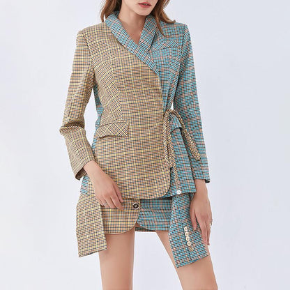Elegant Color Block Check Skirt Suit with Tie Detail for Women - ForVanity skirt suit, women's clothing, women's suits Skirt Suits