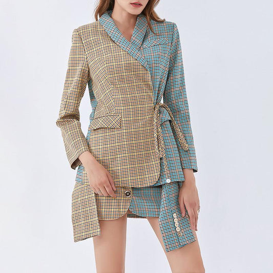 Women’s Color Contrast Check Lace-Up Skirt Set - Casual Office Style - ForVanity skirt suit, women's clothing, women's outfits, women's suits Skirt Suits