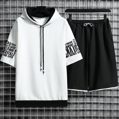 Men's Athletic Shorts & Hooded Short-Sleeve Sweater Set - Summer Casual Sports Outfit - ForVanity men's clothing, men's outfits, men's set, short outfit Men's Outfit