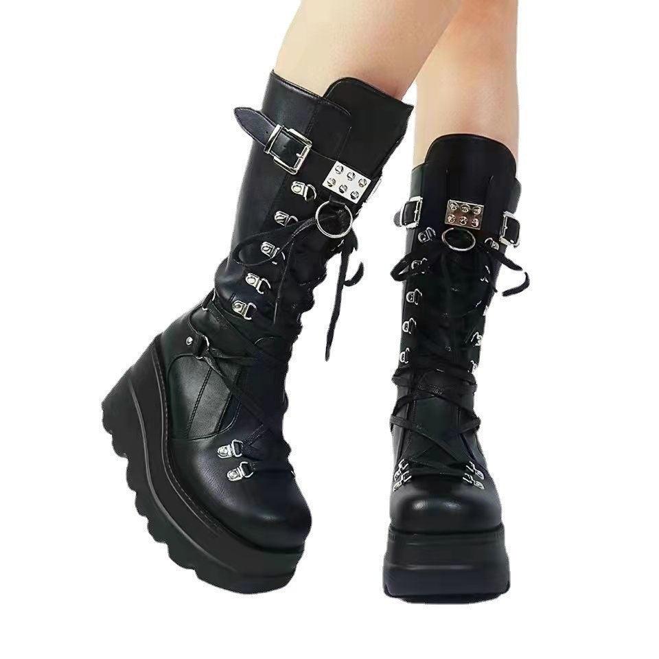 Female Punk Wedge Mid-top Boots - ForVanity boots, women's shoes Boots