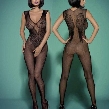 Elegant One-Piece Silk Stockings with Hollowed-Out Jacquard Suspender Jumpsuit - ForVanity lingerie accessories, Pantyhose & Stockings, women's lingerie Stockings