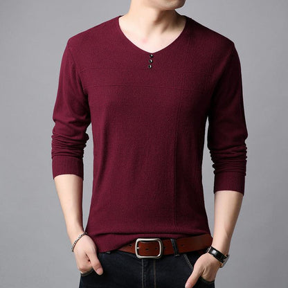 Men's Striped Slim-Fit V-Neck Knit Sweater - Korean Style