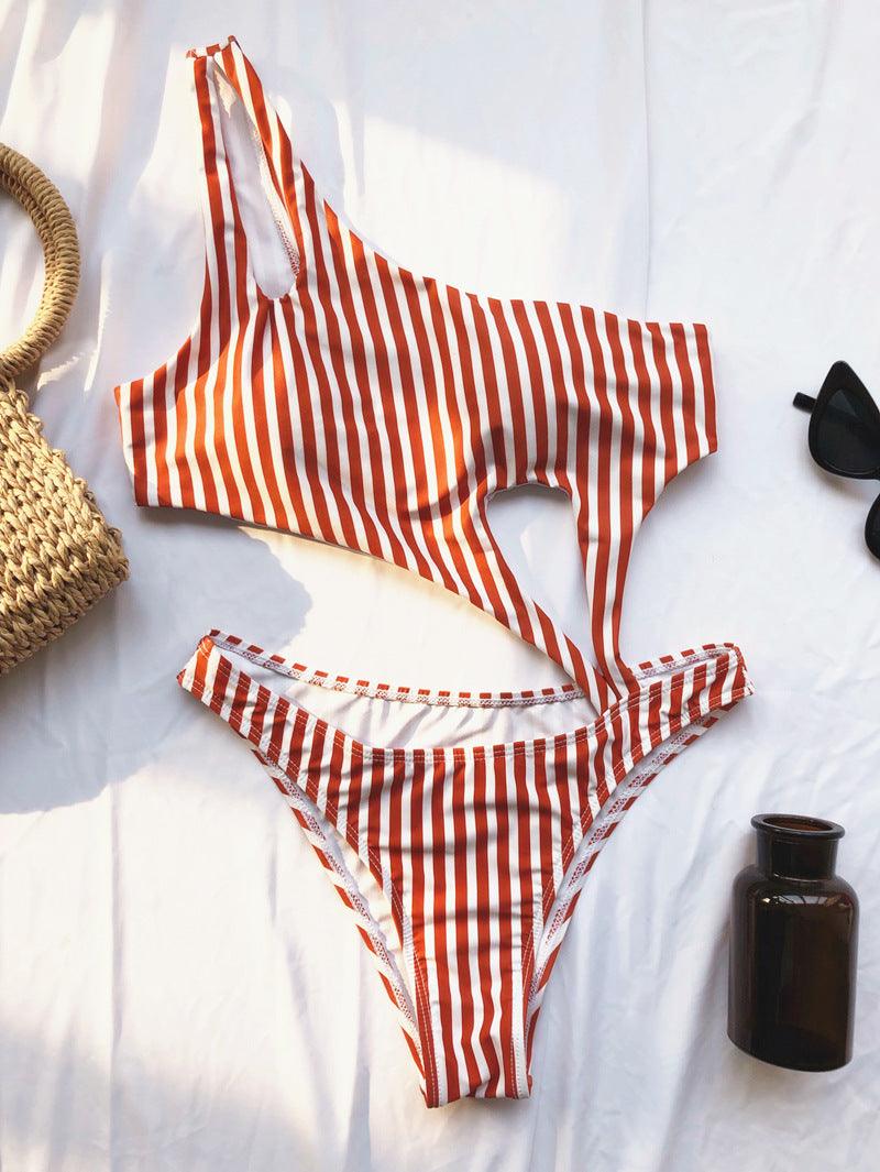 Trendy One-piece Bikini Swimwear with Stripes and Solid Colors - ForVanity women's lingerie, women's swimwear Swimwear