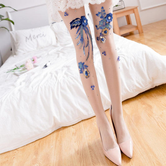 Floral Embroidered Cherry Blue Banshee Pattern Stockings - ForVanity lingerie accessories, Pantyhose & Stockings, women's lingerie Stockings