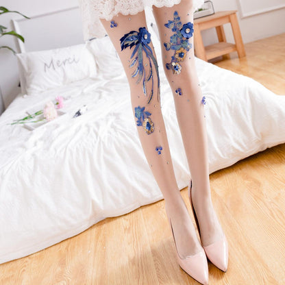 Floral Embroidered Cherry Blue Banshee Pattern Stockings - ForVanity lingerie accessories, Pantyhose & Stockings, women's lingerie Stockings