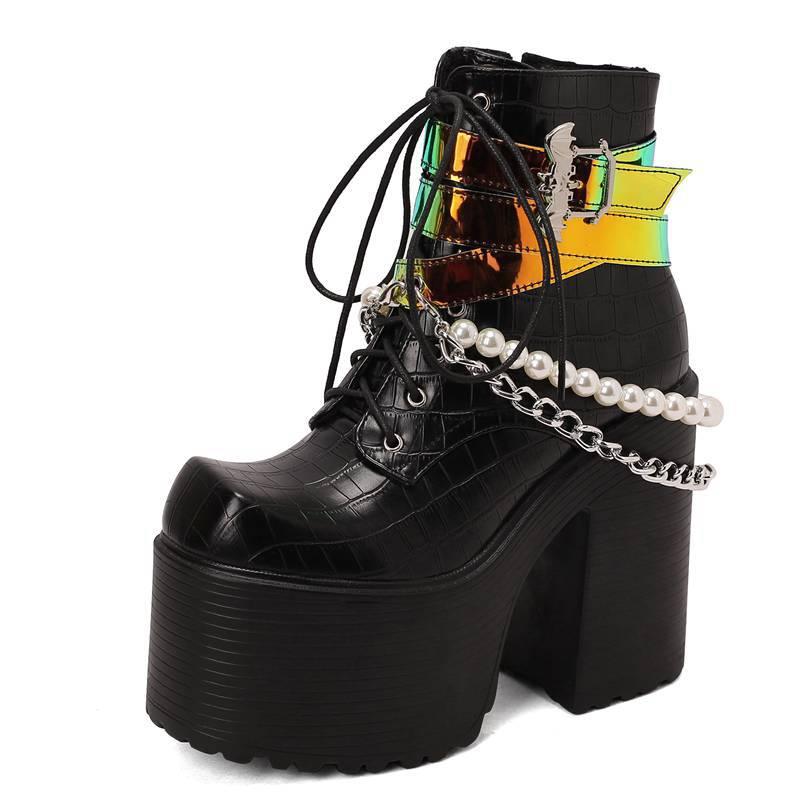 Belt Buckle Beaded Chain Women's Leather Boots - ForVanity boots, women's shoes Boots