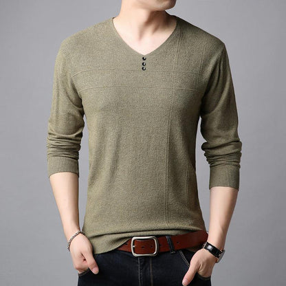 Men's Striped Slim-Fit V-Neck Knit Sweater - Korean Style