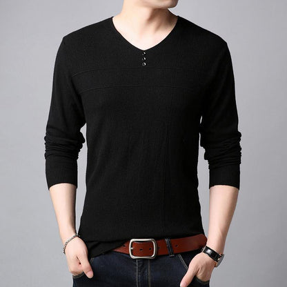 Men's Striped Slim-Fit V-Neck Knit Sweater - Korean Style