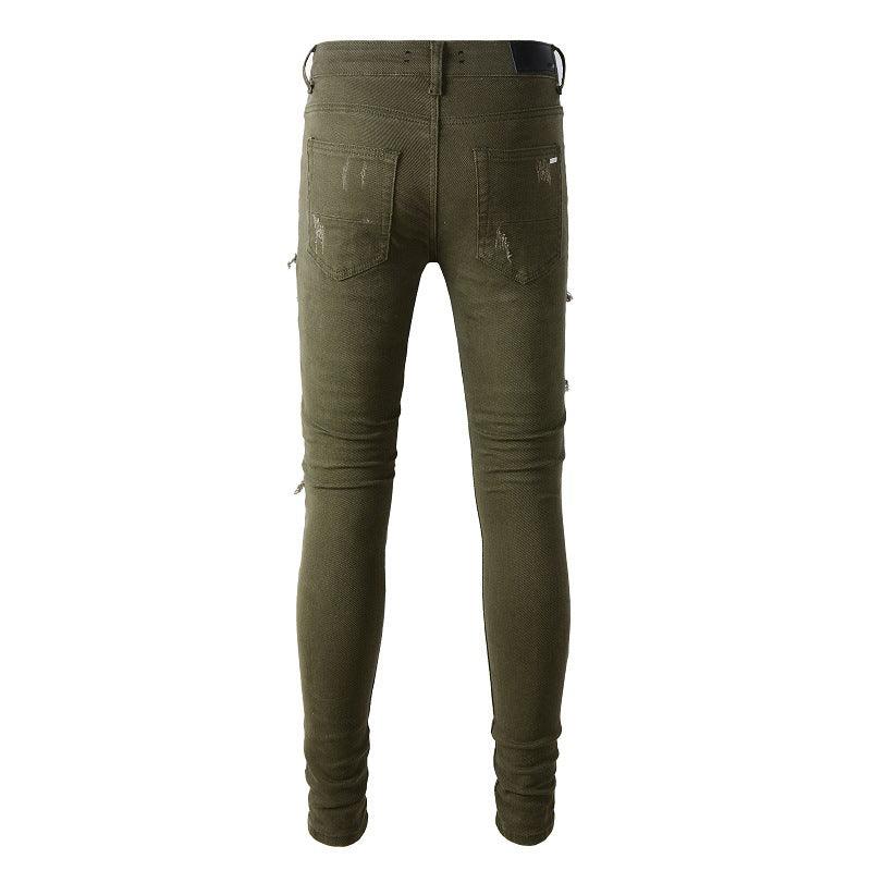Men's Army Green Ripped Slim Fit Jeans - ForVanity jeans, men's clothing Jeans