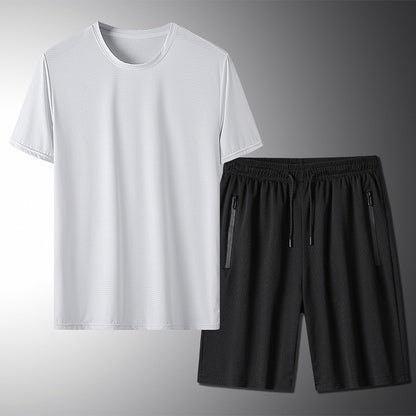 Men's Outdoor Summer Set - Ice Silk T-shirt & Sports Shorts Two-Piece Suit - ForVanity men's sports & entertainment, sports sets Sports Sets