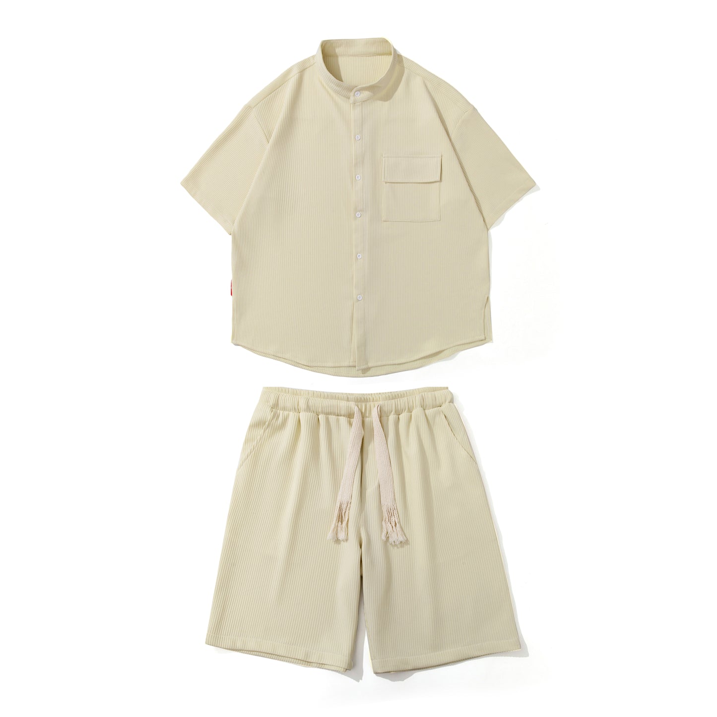 Men's Summer Two-Piece Ice Silk Suit - Solid Color Short-Sleeved Shirt & Drawstring Shorts