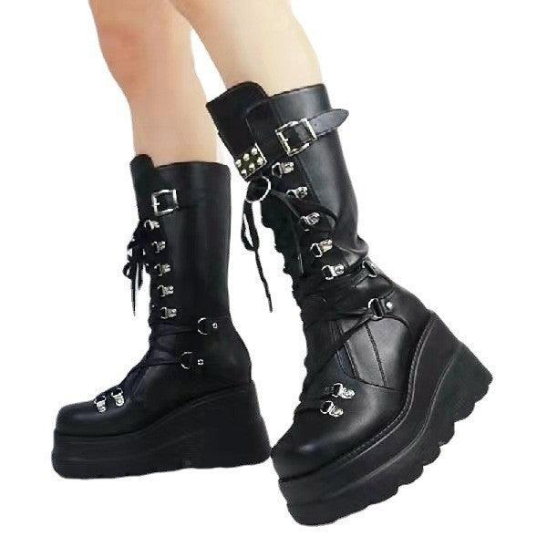 Female Punk Wedge Mid-top Boots - ForVanity boots, women's shoes Boots