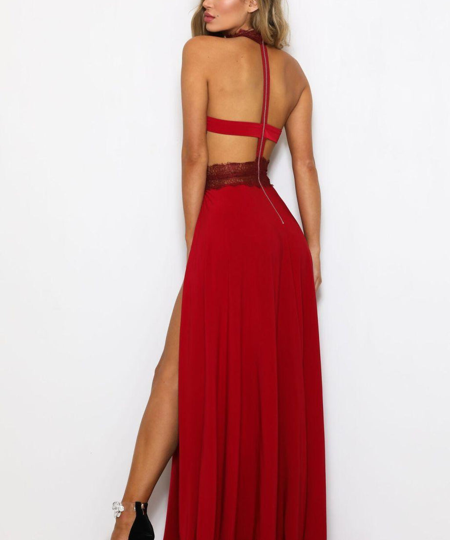 Elegant See Through Lace Nude Back High Slit Maxi Dress - ForVanity dress, formal dress Formal Dress