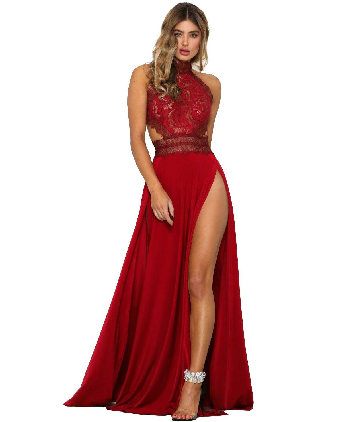 Elegant See Through Lace Nude Back High Slit Maxi Dress - ForVanity dress, formal dress Formal Dress