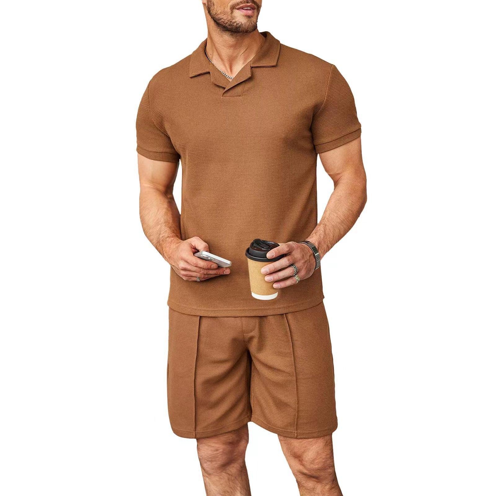 Men's 2-Piece Waffle Style V-Neck Polo Shirt & Shorts Set - ForVanity men's clothing, men's outfits, men's set, short outfit Men's Outfit