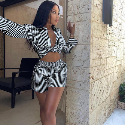 Charming Vertical Striped Two-Piece Outfit with a Twist Detail - ForVanity short outfit, women's outfits Shorts Outfits