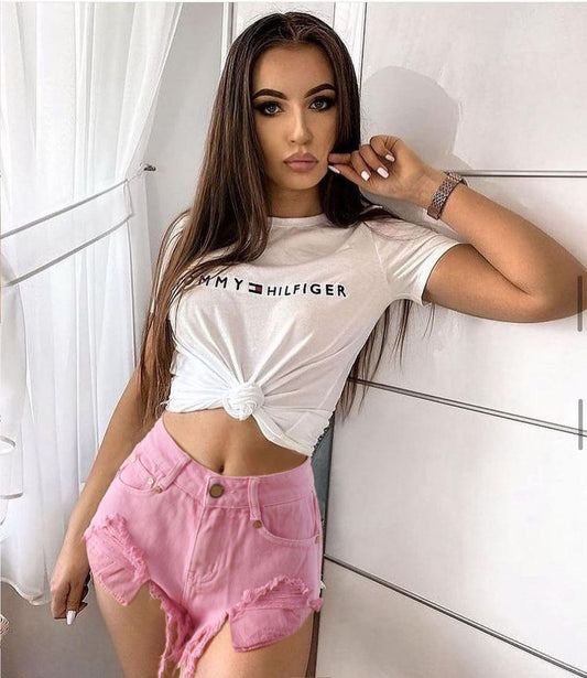 Stylish High Waist Slim-Fit Pink Denim Shorts - ForVanity denim, women's clothing, women's shorts Shorts