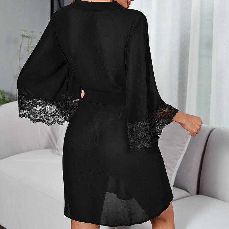 Women's Chiffon Lace Belted Long Sleeve Robe Set - ForVanity Nightgowns, robes, Sweet Dreams, women's lingerie Robes