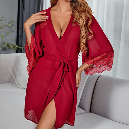 Women's Chiffon Lace Belted Long Sleeve Robe Set - ForVanity Nightgowns, robes, Sweet Dreams, women's lingerie Robes