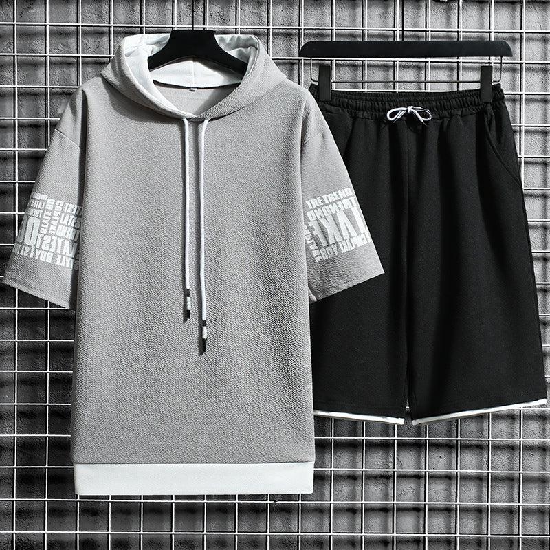 Men's Athletic Shorts & Hooded Short-Sleeve Sweater Set - Summer Casual Sports Outfit - ForVanity men's clothing, men's outfits, men's set, short outfit Men's Outfit