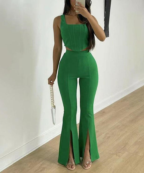 Elegant Sleeveless Vest Split Trousers Summer Casual Outfit with Boning Detail - ForVanity pant outfit, women's outfits Pants Outfits