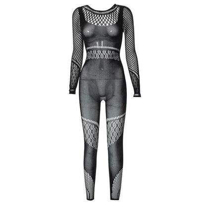 Fashionable See-Through Hollow Out Sexy Jumpsuit with Long Sleeves - ForVanity jumpsuits, Jumpsuits & Rompers, women's clothing Jumpsuits
