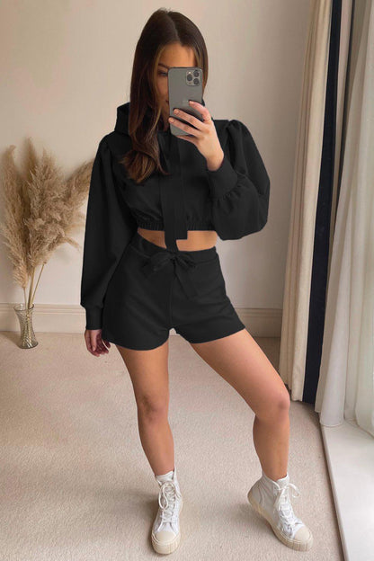 Solid Color Two-Piece Suit - Hooded Puff Sleeve Top & Shorts - ForVanity sweaters outfits, women's outfits Shorts Outfits