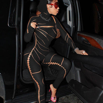 Sexy Cutout Out See-Through Hooded Tight Knitted Jumpsuit with Long Sleeves - ForVanity jumpsuits, Jumpsuits & Rompers, women's clothing Jumpsuits